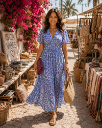 Élina | Lange fließende Blumenrobe in Blau