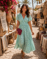 Élina | Lange fließende Blumenrobe in Grün