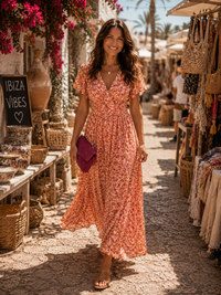 Élina | Lange fließende Blumenrobe in Orange