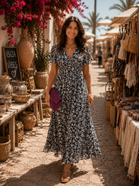 Élina | Lange fließende Blumenrobe in Grau