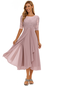 Sarah | Damen A-Linie Spitzen Midikleid Romantic Elegant Festlich in Rosa