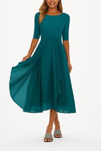 Sarah | Damen A-Linie Spitzen Midikleid Romantic Elegant Festlich in Dunkelgrün