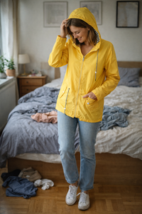 Damen Regenjacke mit langen Ärmeln, Kapuze und Taschen in Gelb