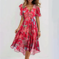 Chiffonkleid - V-Ausschnitt - Schmetterlingsärmel - Midikleid - Sommerkleid in Rosa