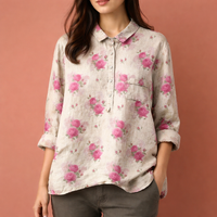 Blumenmuster Bluse mit langen Ärmeln und Kragen für Damen | Viona in Creme