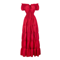 Margaret - Damen Maxikleid mit schulterfreiem Design und gestuftem Rock mit gerafftem Bund in Cranberryrot