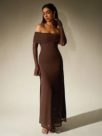 Alina - Damen Abendkleid mit Pailletten und transparenten Ärmeln in Braun