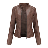 Damen Bikerjacke Kunstleder Tailliert Reißverschluss Urbaner Stil in Kaffee