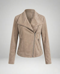 Damen Bikerjacke Kunstleder Wildlook mit Asymmetrischem Reißverschluss Tailliert in Aprikose