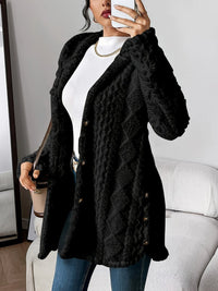 Damen Flauschiger Oversized Kapuzen-Cardigan mit Knopfleiste Komfortabler Plüschpullover in Schwarz