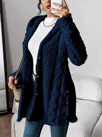 Damen Flauschiger Oversized Kapuzen-Cardigan mit Knopfleiste Komfortabler Plüschpullover in Denim-Blau