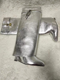 Damen Kniehohe Stiefel mit Orthopädischer Arch Support und Dicken Sohlen High Heels Komfort in Silber pu