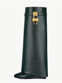 Damen Kniehohe Stiefel mit Orthopädischer Arch Support und Dicken Sohlen High Heels Komfort in Grün pu
