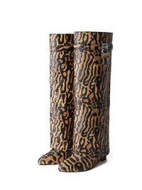 Damen Kniehohe Stiefel mit Orthopädischer Arch Support und Dicken Sohlen High Heels Komfort in Leopardenmuster pu
