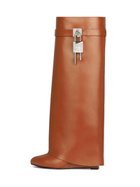 Damen Kniehohe Stiefel mit Orthopädischer Arch Support und Dicken Sohlen High Heels Komfort in Braun pu