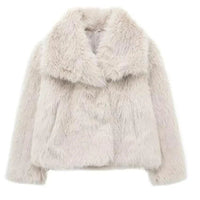 Damen Kurze Winterjacke Gemütlich Warm Kunstfelljacke Elegant in Creme