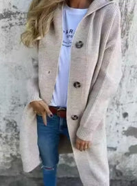 Damen Langer Strickmantel mit Kapuze und Knopfleiste Eleganter Cardigan für Herbst und Übergangszeit in Beige
