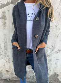 Damen Langer Strickmantel mit Kapuze und Knopfleiste Eleganter Cardigan für Herbst und Übergangszeit in Grau