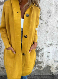 Damen Langer Strickmantel mit Kapuze und Knopfleiste Eleganter Cardigan für Herbst und Übergangszeit in Gelb