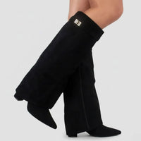 Damen Overknee Stiefel mit Schnalle und spitzem Blockabsatz für elegante Looks in Schwarzes Wildleder