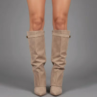 Damen Overknee Stiefel mit Schnalle und spitzem Blockabsatz für elegante Looks in Beiges Wildleder