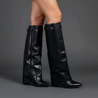 Damen Overknee Stiefel mit Schnalle und spitzem Blockabsatz für elegante Looks in Schwarz