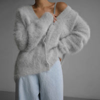 Damen Strickjacke Oversized mit V-Ausschnitt Flauschige Oberbekleidung für Herbst und Winter in Grau