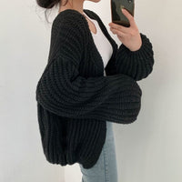 Damen Strickjacke mit grobem Strick und offener Vorderseite für Freizeit und Alltag in Schwarz