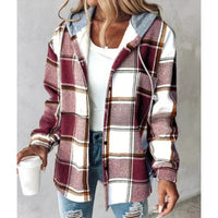 Damen Winter Hoodie Jacke mit Karo Muster Komfortable Freizeitjacke in Dunkelrot