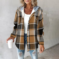 Damen Winter Hoodie Jacke mit Karo Muster Komfortable Freizeitjacke in Braun