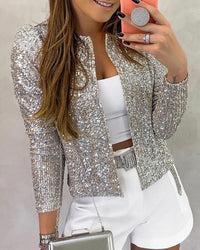 Damen Winterjacke Glitzernd Offene Front Elegante Übergangsjacke in Silber