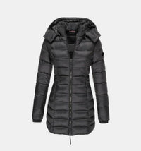 Damen Winterjacke Lang Steppmantel mit Kapuze Tailliert Warm und Stylisch in Schwarz