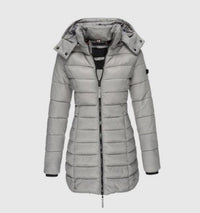 Damen Winterjacke Lang Steppmantel mit Kapuze Tailliert Warm und Stylisch in Grau