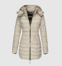 Damen Winterjacke Lang Steppmantel mit Kapuze Tailliert Warm und Stylisch in Beige