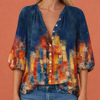Bedruckte Bluse mit V-Ausschnitt und Knopfverschluss für Damen | Mireya in Dunkelblau