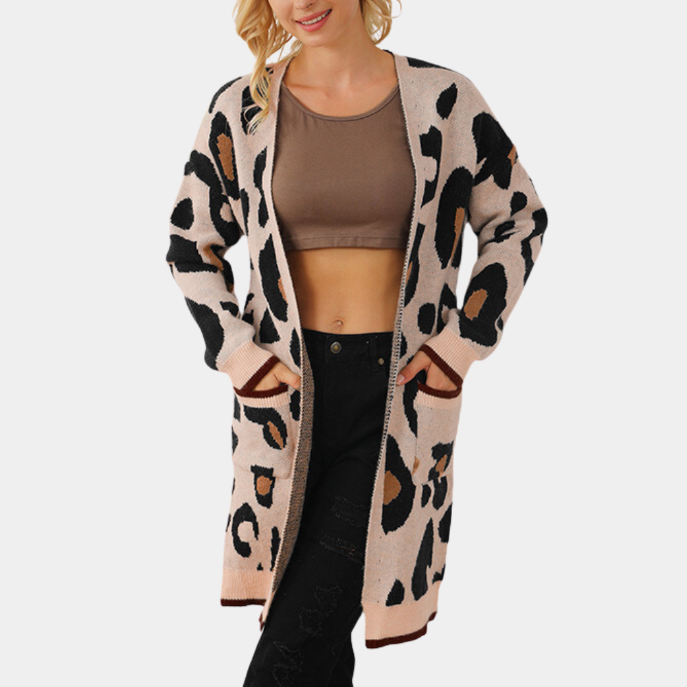 EDELINA - Stylische Damen Strickjacke mit Leopardenmuster