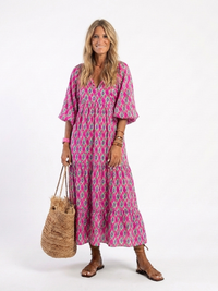 Apolline | Midi-Kleid mit dreiviertel Ärmeln und V-Ausschnitt im Muster in Lila