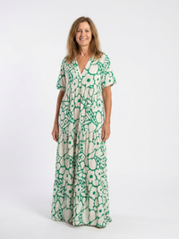 Zuleika | Kurzärmliges V-Ausschnitt Blumen-Midi-Kleid in Grün
