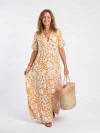 Zuleika | Kurzärmliges V-Ausschnitt Blumen-Midi-Kleid in Orange