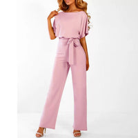 Viola | Damen Jumpsuit Kurzarm Gürtel Lässig Komfort Casual Modern in Rosa
