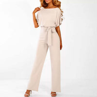 Viola | Damen Jumpsuit Kurzarm Gürtel Lässig Komfort Casual Modern in Beige
