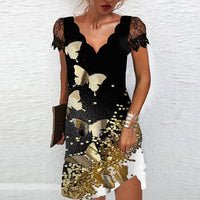 Nadine | Damen Minikleid V-Ausschnitt Spitzenkappenärmel in Gold 1