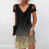 Nadine | Damen Minikleid V-Ausschnitt Spitzenkappenärmel in Gold 2