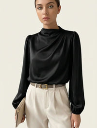 Elegante Damenbluse mit hohem Kragen - Hera in Schwarz