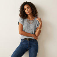 Elegante Spitzenbluse mit Rundhalsausschnitt und kurzen Ärmeln – Isabella in Grau