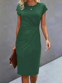 Einfarbiges Midi-Kleid mit Rundhalsausschnitt für Frauen | Ideal für Arbeit oder Veranstaltungen in Dunkelgrün