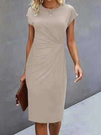 Einfarbiges Midi-Kleid mit Rundhalsausschnitt für Frauen | Ideal für Arbeit oder Veranstaltungen in Khaki