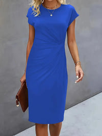 Einfarbiges Midi-Kleid mit Rundhalsausschnitt für Frauen | Ideal für Arbeit oder Veranstaltungen in Blau