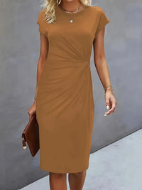Einfarbiges Midi-Kleid mit Rundhalsausschnitt für Frauen | Ideal für Arbeit oder Veranstaltungen in Beige