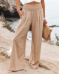 Linda - Damen Palazzo-Hosen mit weitem Bein aus Leinen, Hoher Taille in Khaki